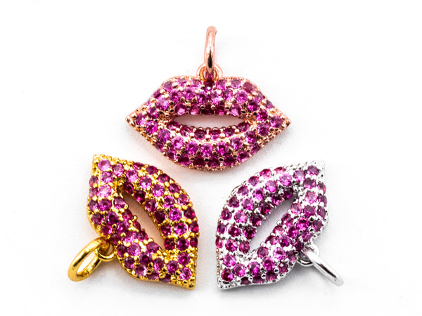 CZ Micro Pave Fuchsia Sexy Lip Pendant/Charm, Cubic Zirconia Pendant/charm,10x15mm, 1pc or 2pcs sku#Y12