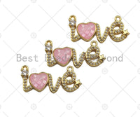 CZ Micro Pave Pink Mother of Pearl Heart On Love Shape Pendant, Cubic Zirconia Love Heart Pendant, Gold Tone pendant, 12x27mm, sku#LK176