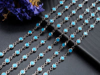 1 Foot/Yard-Blue Turquoise Beaded Chain-4mm/6mm/8mm Turquoise Beads-Gold Silver Gunmetal Plated Bezel Chain, Bezel Connector beads, sku#A3