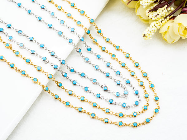 1 Foot/Yard-Blue Turquoise Beaded Chain-4mm/6mm/8mm Turquoise Beads-Gold Silver Gunmetal Plated Bezel Chain, Bezel Connector beads, sku#A3