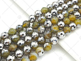 Natural Half Silver Plated Olive Green Agate Beads, 8mm/10mm/12mm Round Faceted Agate Beads, 15.5 Full Strand, sku# UA121