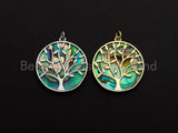 Abalone InlayTree Round Pendant/Charm, Gold Wire Tree Cubic Zirconia Pendant, Abalone Charm, 22x24mm,Sku#Z892