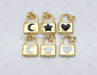 Enamel Cresent Moon/Five Point Star/Heart On Gold Lock Shape Pendant, 18K Gold Filled Lock Charm,Necklace Bracelet Charm,Sku#LK505