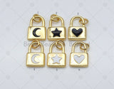 Enamel Cresent Moon/Five Point Star/Heart On Gold Lock Shape Pendant, 18K Gold Filled Lock Charm,Necklace Bracelet Charm,Sku#LK505