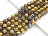 Half Gold Plated Brown Agate Beads, 8mm/10mm/12mm Round Faceted Gold Brown Banded Agate Beads, 15.5 Full Strand, sku# UA138