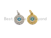 CZ Micro Pave Round Shape Turquoise Evil Eye Charm,Cubic Zirconia Round Charm/Pendant, Gold/Silver Tone,11x13mm,sku#Y226