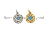 CZ Micro Pave Round Shape Turquoise Evil Eye Charm,Cubic Zirconia Round Charm/Pendant, Gold/Silver Tone,11x13mm,sku#Y226