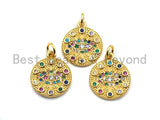 CZ Colorful Micro Pave Round  Gold With Evil Eye Pendant, Coin Shaped Pave Pendant, Gold plated, 15x17mm, Sku#F867