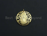 Mary Pendant/Charm, Filigree Mary Disc Pendant, Cubic Zirconia Pendant, Gold Tone, 25mm, Sku#FH23