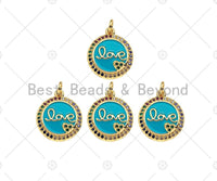 Colorful CZ Turquoise Blue Enamel Love Word On Round Coin Shape Pendant, 18K Gold Filled Enamel Love Charm,16x18mm,Sku#Y476