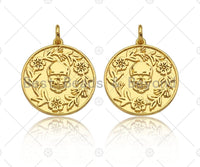 18K Dainty Gold Skull On Round Coin Shape Pendant,Gold Medallion Skull Charm,Necklace Bracelet Charm Pendant,18x20mm,Sku#Z1305