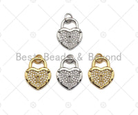 CZ Micro Pave Hollow Out Heart Shape Lock Pendant, Lock Pave Charm, Gold/Silver Padlock, 13x17mm, Sku#F1184