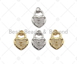 CZ Micro Pave Hollow Out Heart Shape Lock Pendant, Lock Pave Charm, Gold/Silver Padlock, 13x17mm, Sku#F1184