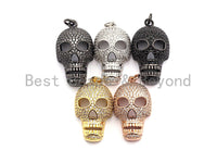 CZ Clear/Black Micro Pave Skull Pendant, CZ Pave Pendant, Gold/Rose Gold/Silver/Gunmetal plated,Halloween Pave, 9x16x28mm, Sku#F809