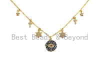 Gold Evil Eye Coin CZ Charm Necklace, Coin Necklace, Cross Star Necklace, Layering Necklace/Gold Disc Necklace, Dainty Necklace, Sku#Z710