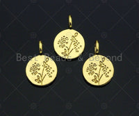 18k Shiny Gold Flower On Round Coin Charms, Dainty Charms, Flower Pendant, Gold Pendant, Round Necklace Charms, 12x18mm, Sku#Z1174