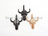 CZ Micro Pave Bull Skull Pendant, CZ Long Horn Charms,ox head, Bull Horn Charms, Antelope Head Pendant, Black/Rose Gold, 22mm,SKU#F548