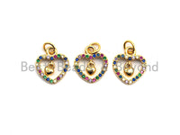 CZ Colorful Micro Pave Hollow Heart With Little Dangle Heart Pendant, Heart Shaped Pave Pendant, Gold plated, 12x14mm, Sku#F826