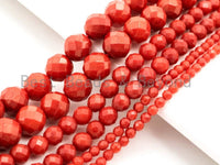 Quality Natural Dyed Red Coral Beads, 2mm/3mm/4mm/6mm  Round Faceted Gemstone Beads, Loose Coral Beads, 15.5inch strand, SKU#U116