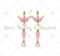 Pink Enamel Crown/Exclamation Mark with Big CZ Pendant, 18K Gold Filled CZ Charm, Necklace Bracelet Charm Pendant,21x18mm/26x6mm, Sku#Y512