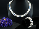 White Pearl Blue Royal Cubic Zirconia Necklace Bracelet Set,Wedding Pearl Jewelry,Double Strand Pearl Bridal Cuff Bracelet, SKU#P18