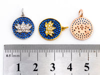 Cobalt CZ Micro Pave Lotus Flower on Disc Round Charm/Pendant, Cobalt CZ in Gold Rose, Black Gold, Silver Finish, Lotus Charm 16mm, sku#Y24