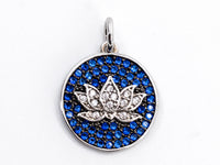 Cobalt CZ Micro Pave Lotus Flower on Disc Round Charm/Pendant, Cobalt CZ in Gold Rose, Black Gold, Silver Finish, Lotus Charm 16mm, sku#Y24