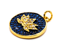Cobalt CZ Micro Pave Lotus Flower on Disc Round Charm/Pendant, Cobalt CZ in Gold Rose, Black Gold, Silver Finish, Lotus Charm 16mm, sku#Y24