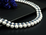 White Pearl Blue Royal Cubic Zirconia Necklace Bracelet Set,Wedding Pearl Jewelry,Double Strand Pearl Bridal Cuff Bracelet, SKU#P18