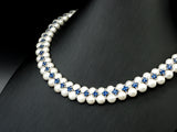 White Pearl Blue Royal Cubic Zirconia Necklace Bracelet Set,Wedding Pearl Jewelry,Double Strand Pearl Bridal Cuff Bracelet, SKU#P18