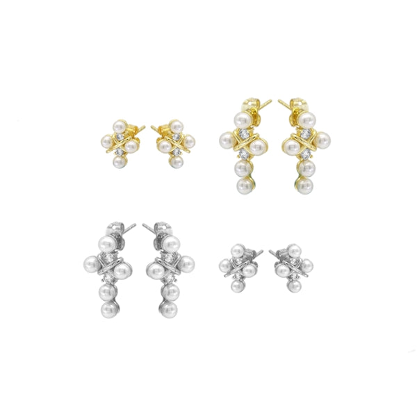 Gold Silver CZ White Pearl Cross Stud Earrings, Sku#A132