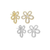 Clear CZ Flower Gold Silver Stud Earrings, Sku#A173