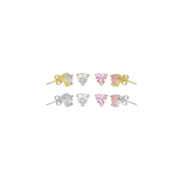 Clear Pink Heart CZ Gold Silver Stud Earrings, Sku#A205