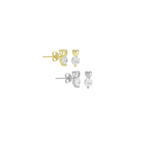 Clear CZ Heart Dot Gold Silver Stud Earrings, Sku#A206