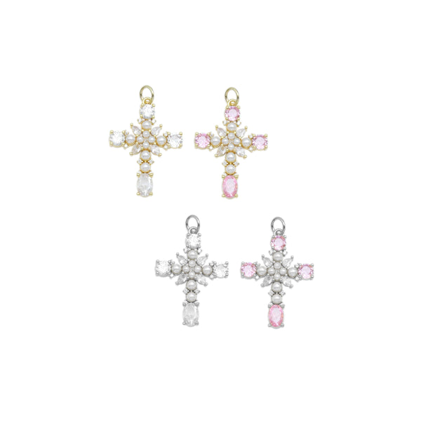 Pearl CZ Pave Cross Gold Silver pink Pendant, Sku#A221