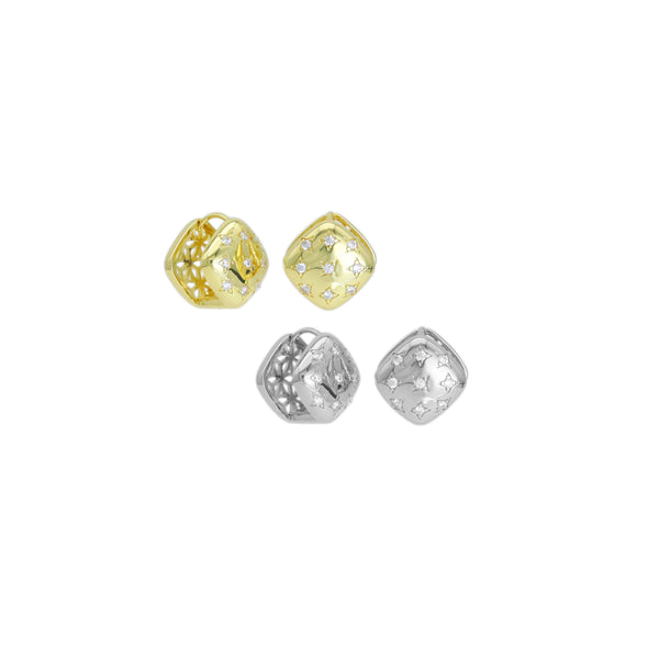 Gold Silver Flower Diamond Stud Earrings, Sku#A227