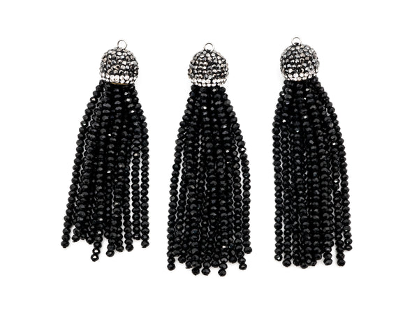 Black/Silver Crystal Beaded Tassel Pendants,Glass Crystal Beads,Pave CZ Rhinestone Cap, Tassel Necklace Enhancer, 3'' long, Sku#B67