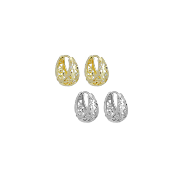 Gold Silver Diamond Cage Huggie Earrings, Sku#A233