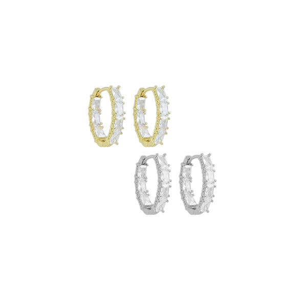 Gold Silver Baguette CZ oval shape Geometry Huggie Earrings, Sku#A239