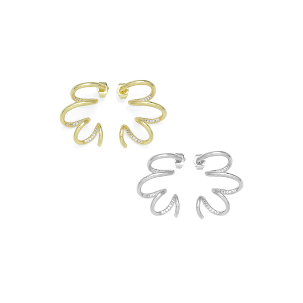 Clear CZ Gold Silver Spiral Swirl Earrings, Sku#A259