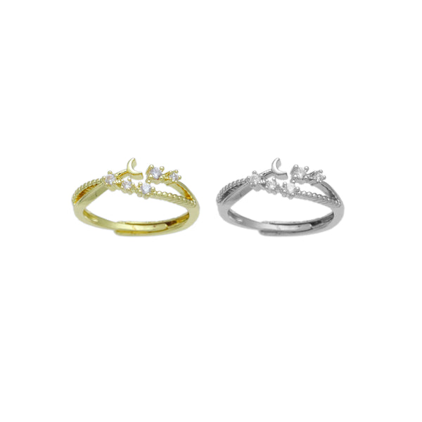 Dainty Clear CZ Gold Silver Cresent Moon star  Adjustable Ring, Sku#A278