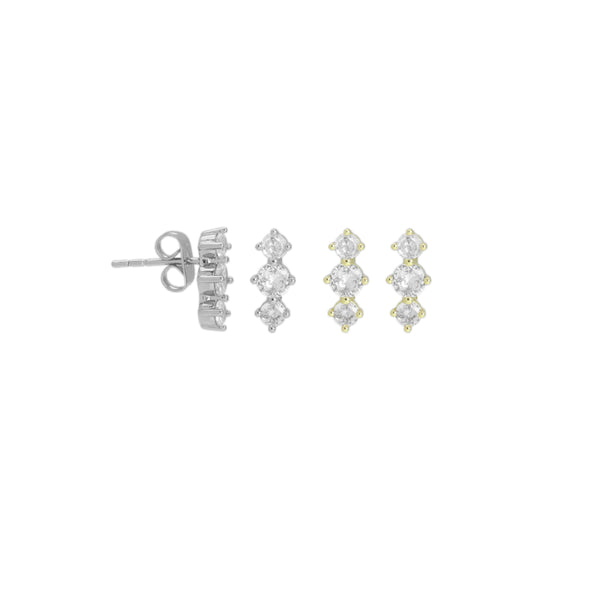 Gold Silver Three dots Round CZ in a Raw Stud Earrings, Sku#A290