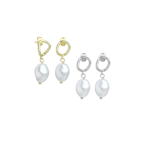 Gold Silver Oval Link Pearl Pendant Hoop Earrings, Sku#A324