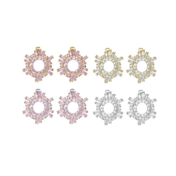 Pink Clear Baguette CZ Flower Statement Earrings, Sku#A336
