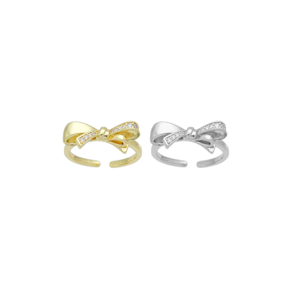 Gold Silver CZ Bow Adjustable Ring, Sku#A339