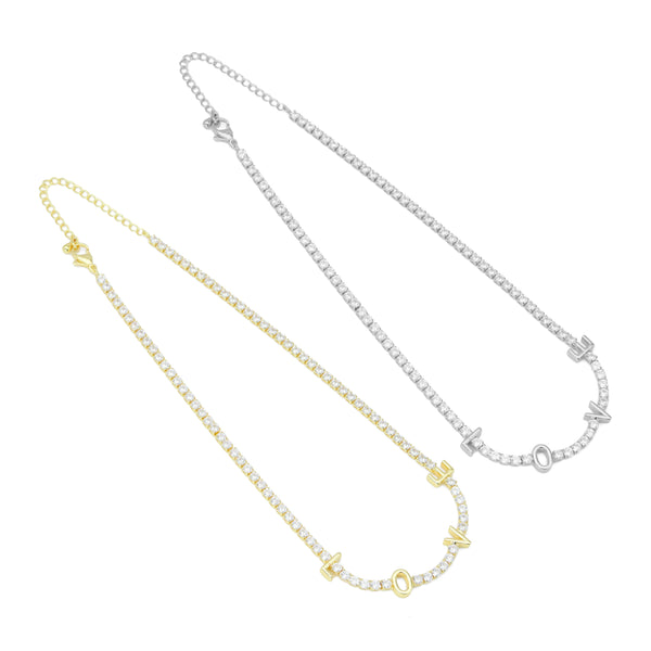 Gold Silver Clear CZ Love Tennis Chain Necklace, Sku#A370