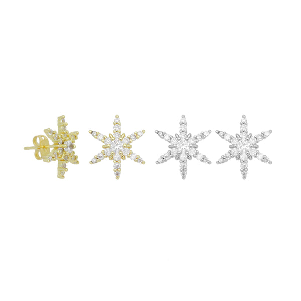 Clear CZ Snowflower Star Stud Earrings, Sku#A414
