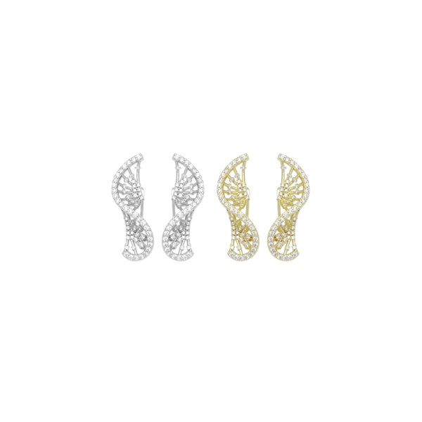 Gold Clear CZ Twisted Fan Shape Stud Earrings, Sku#A421