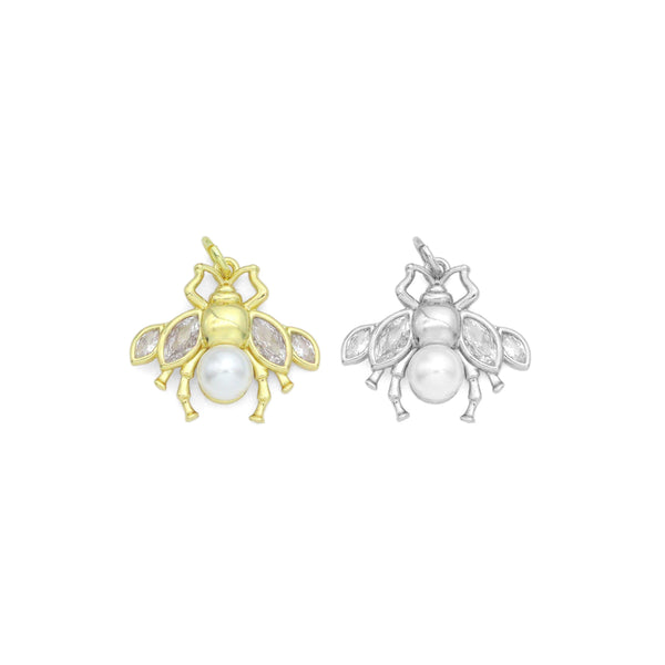 Clear CZ Gold Silver Pearl bee Insect Shape Charm Pendant, Sku#A459