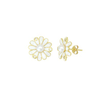 Pearl White Enamel Daisy Flower Stud Earrings, Sku#A461